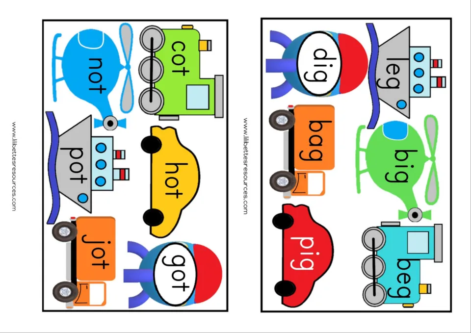 Mixed CVC cards: students read cot, not, hot, pot, jot, got and leg, dig, big, bag, pig, beg on trains, cars and boats