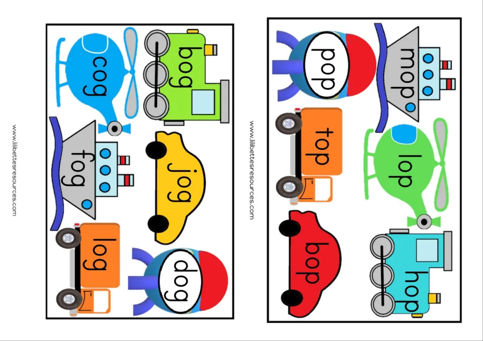 -og and -op cards: students sound out bog, cog, jog, fog, log, dog and mop, pop, lop, top, bop, hop on vehicles