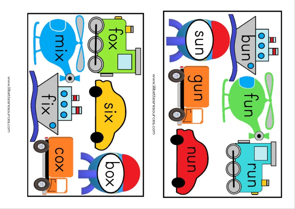 -ox, -ix and -un cards: students blend fox, mix, six, fix, cox, box and bun, sun, fun, gun, run, nun on vehicles