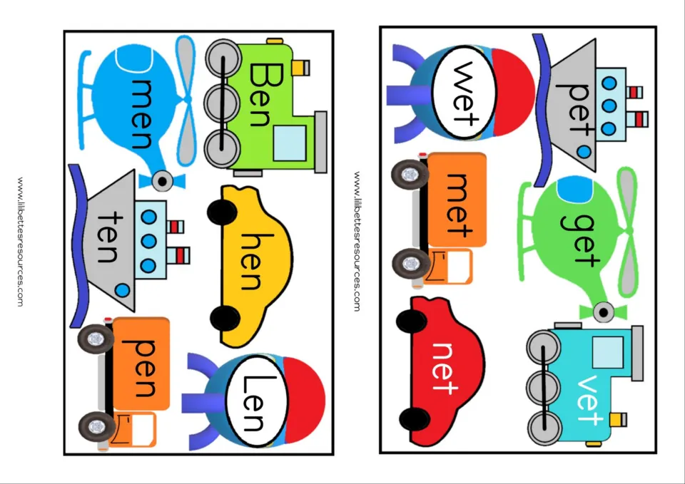 -en and -et cards: students read Ben, men, hen, ten, pen, Len and pet, wet, get, met, vet, net on vehicle pictures