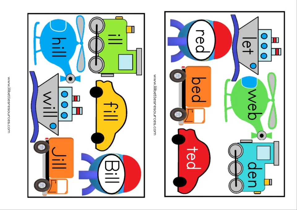 -ill and short e cards: students read ill, hill, fill, will, Jill, Bill and let, red, web, bed, den, ted on vehicles