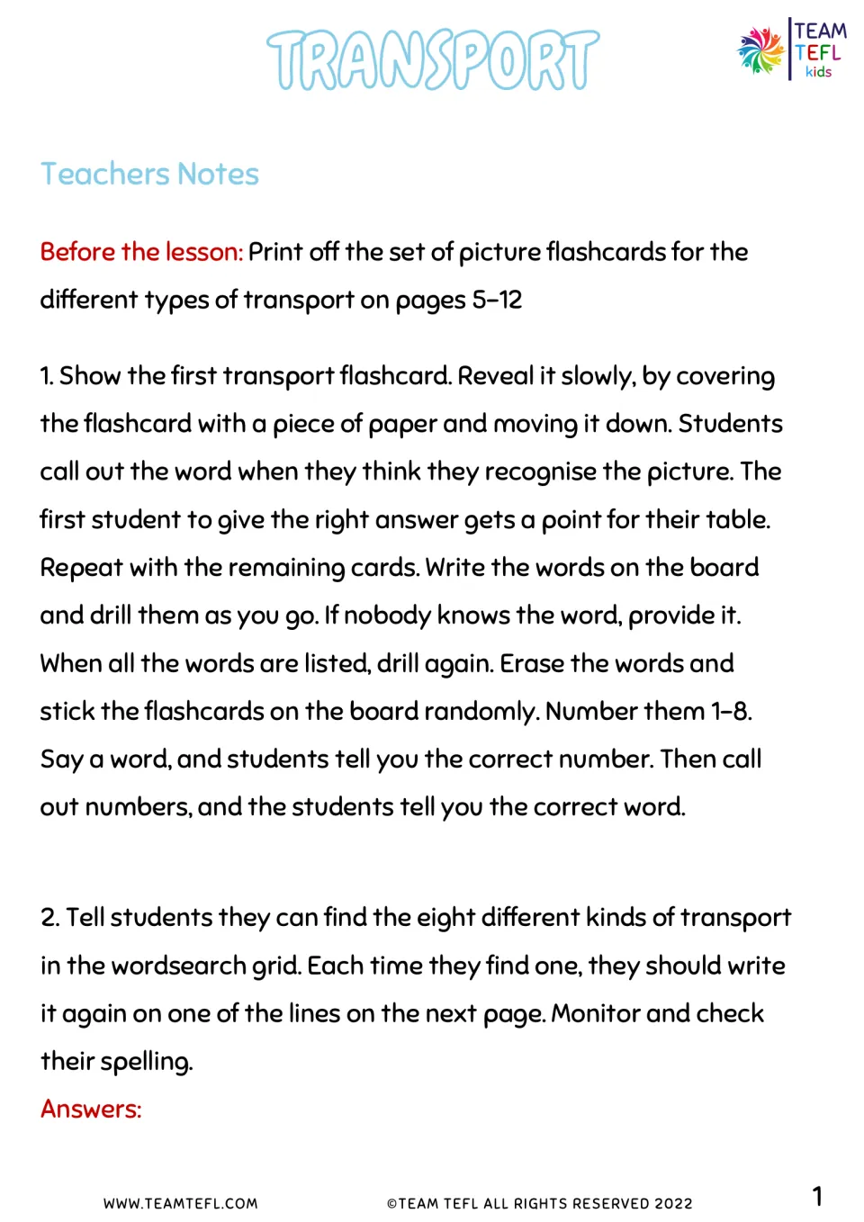 Teacher notes introduce eight transport flashcards through guessing, vocabulary drills, and a word search.
