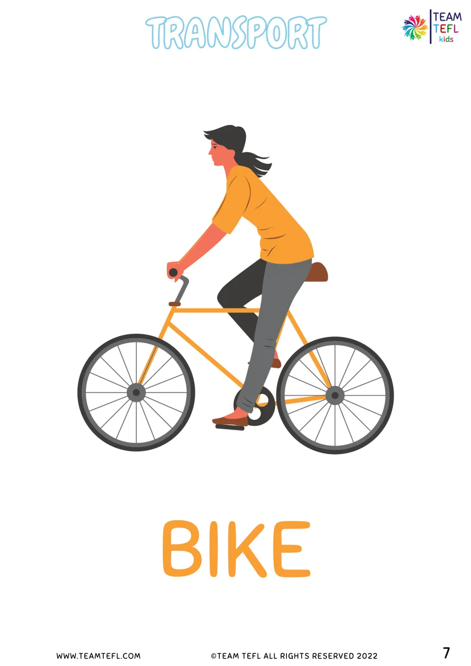 Transport vocabulary flashcard 3 of 8 shows a person riding a bicycle labeled BIKE for vocabulary practice.