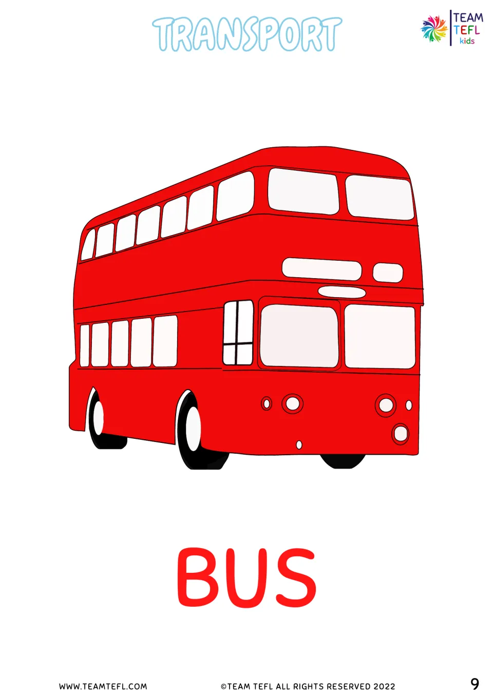 Transport vocabulary flashcard 5 of 8 shows a red double-decker bus labeled BUS for vocabulary practice.