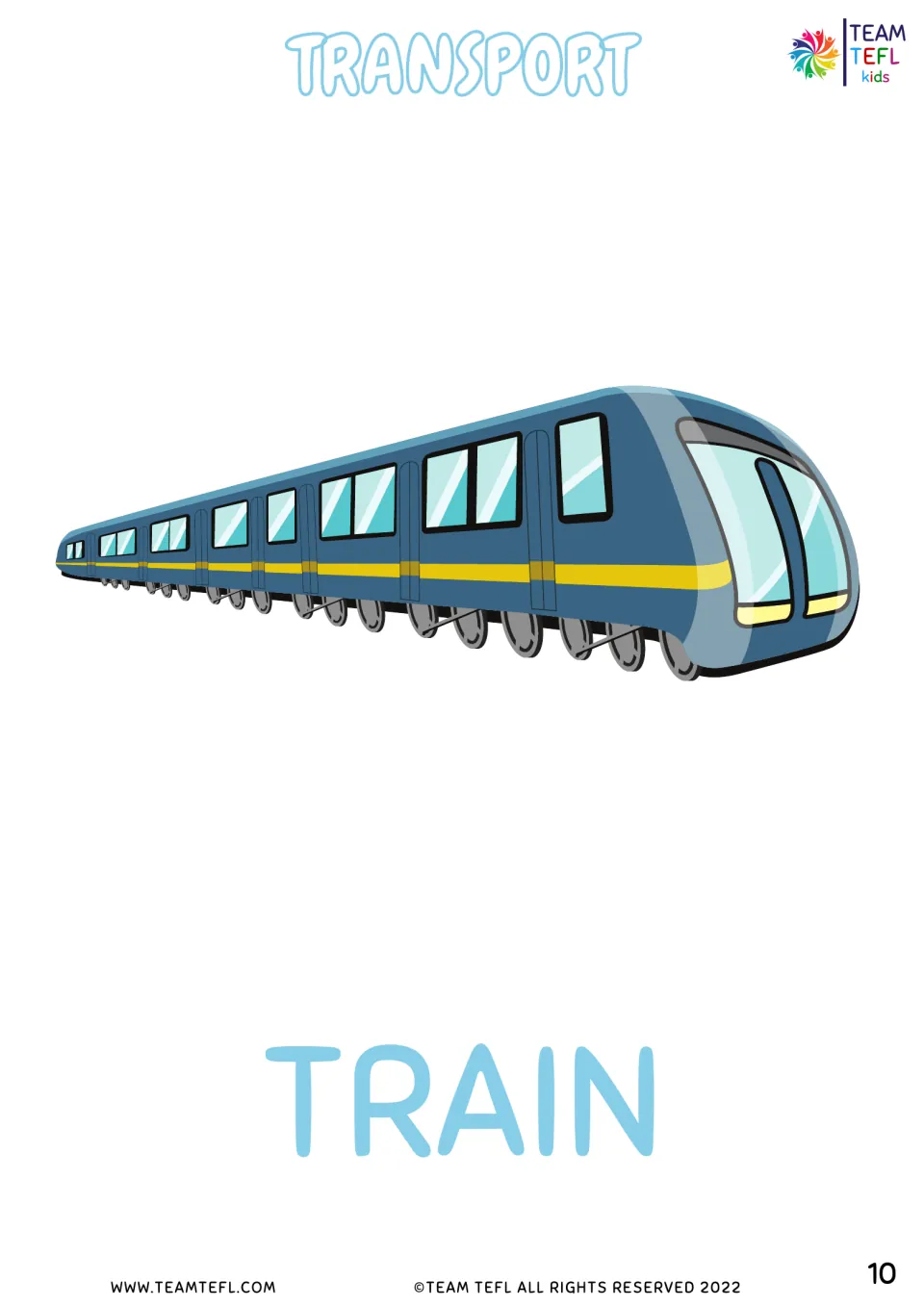 Transport vocabulary flashcard 6 of 8 shows a blue passenger train labeled TRAIN for vocabulary practice.