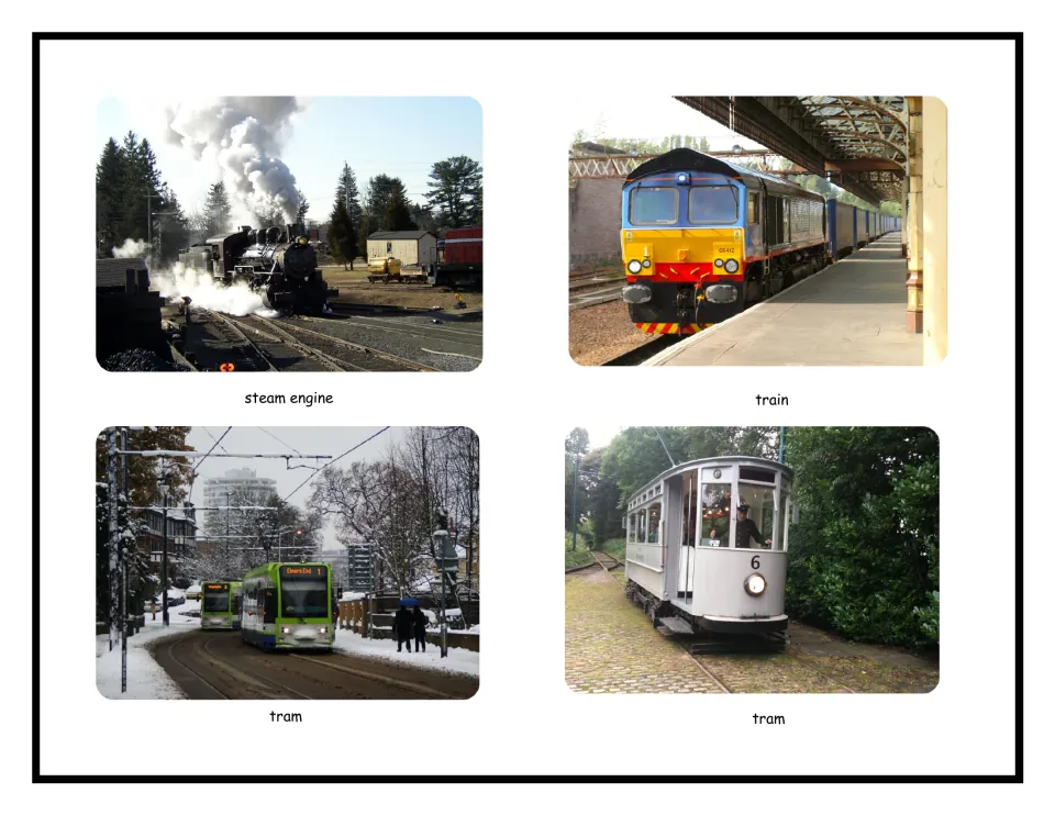 Rail transport: labelled photos of a steam engine, a modern diesel train, a green tram in snow and an old grey tram