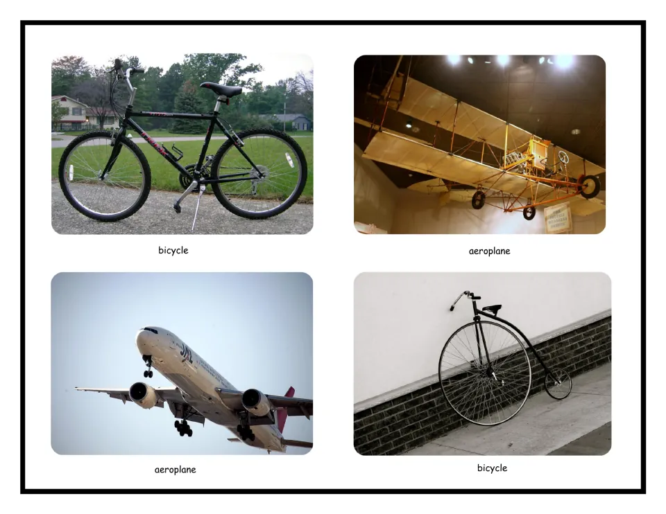 Bicycles and aeroplanes: labelled photos of a modern bike, a penny-farthing, an early biplane and a modern jet airliner