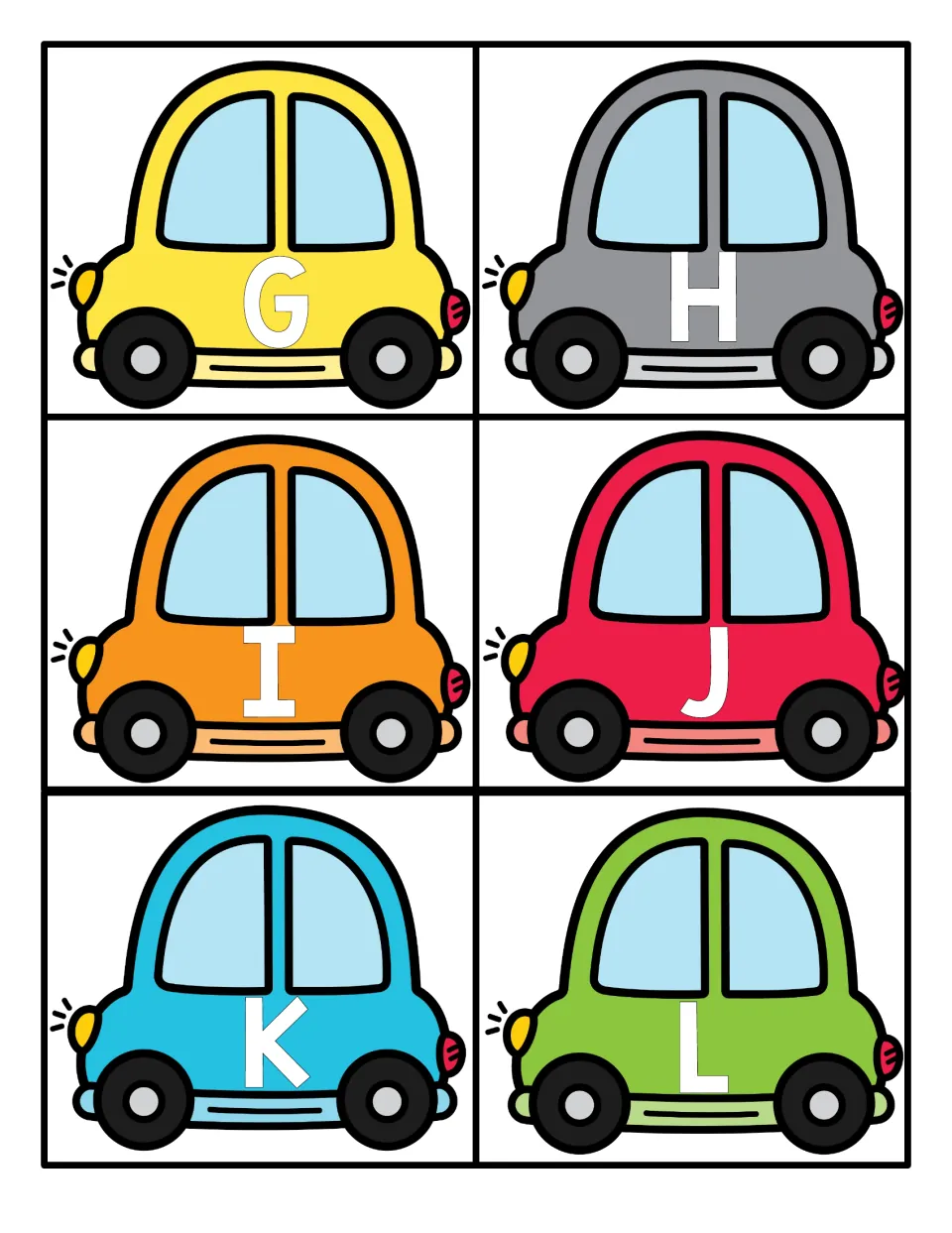 Capital letters G to L: six colorful car cards, each car showing one large white uppercase letter to name and match