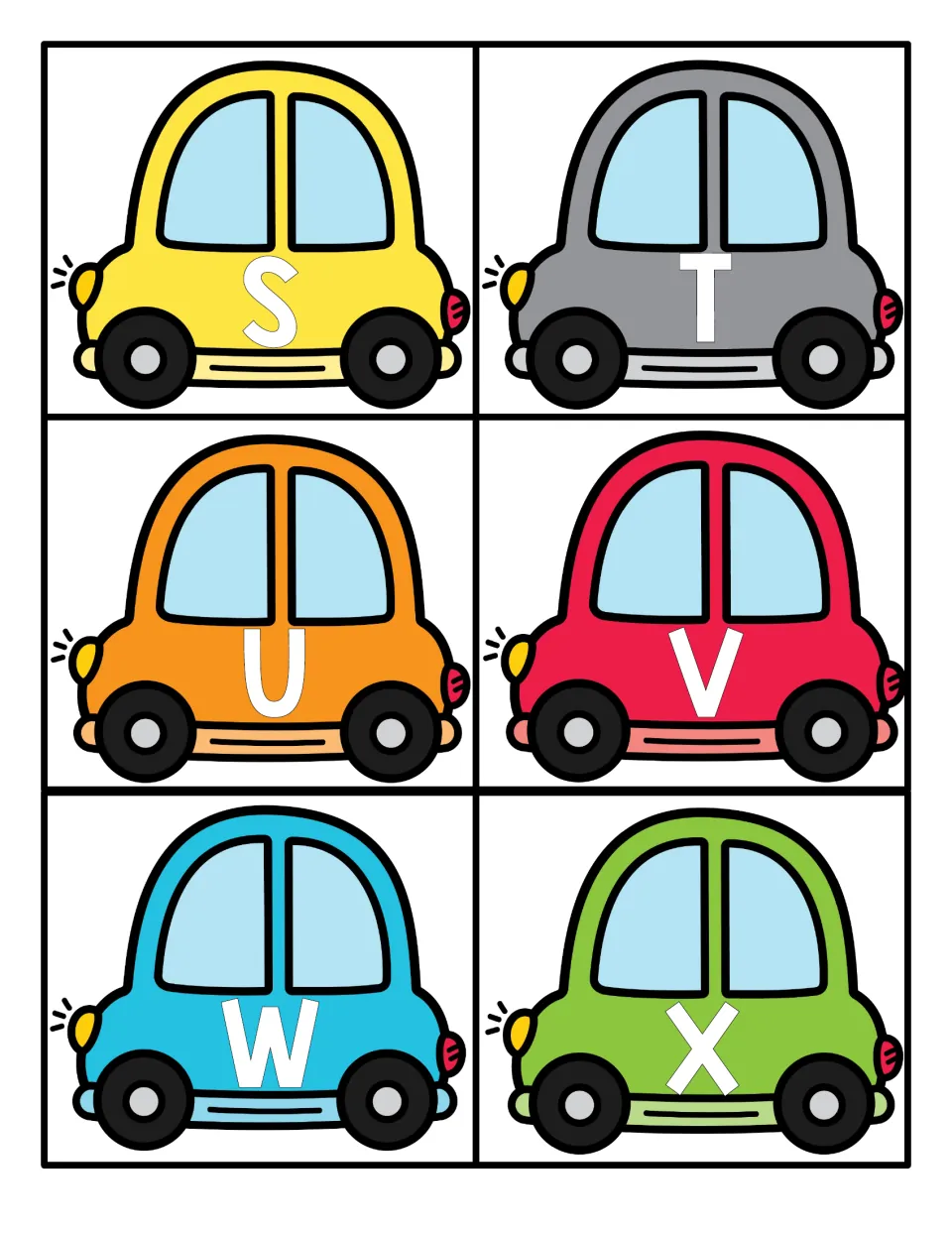 Capital letters S to X: six cartoon car cards with one large white uppercase letter each, ready to cut apart and sort