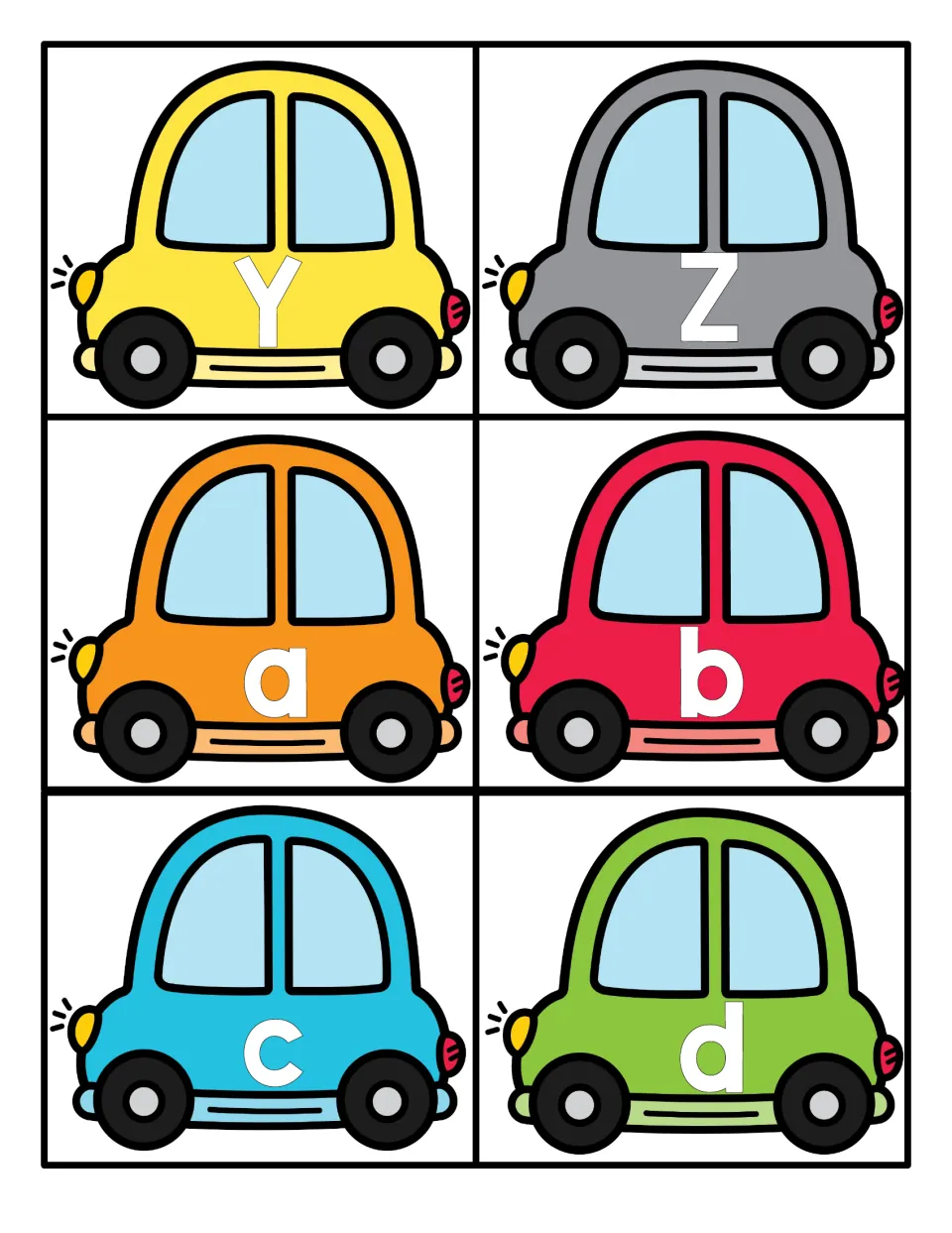 Capitals Y and Z finish the uppercase set, followed by lowercase a, b, c and d on four more colorful cartoon car cards