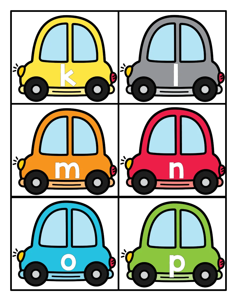 Lowercase k, l, m, n, o and p on six cartoon car cards, one white letter per car, for naming and sorting small letters