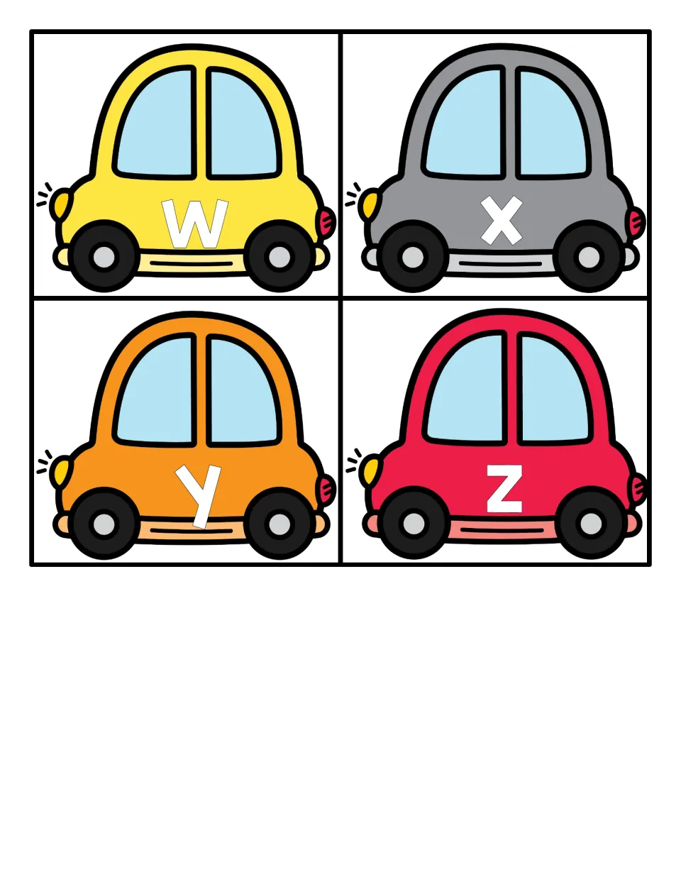 Lowercase w, x, y and z on four cartoon car cards in yellow, gray, orange and red, ending the lowercase alphabet