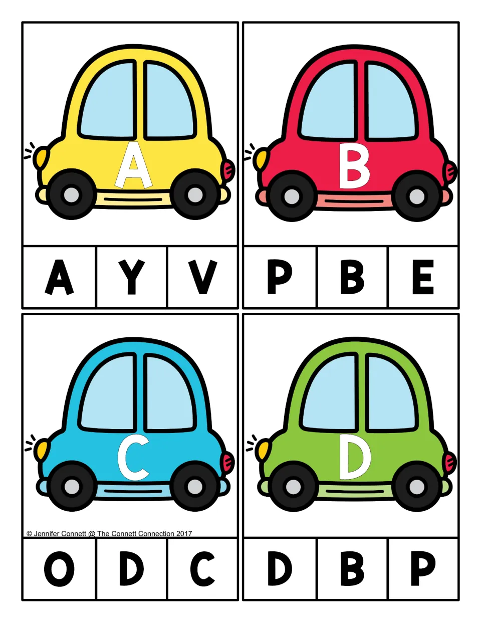 Alphabet clip cards 1–4: cars labeled A, B, C, and D, each with three uppercase letter choices to match.