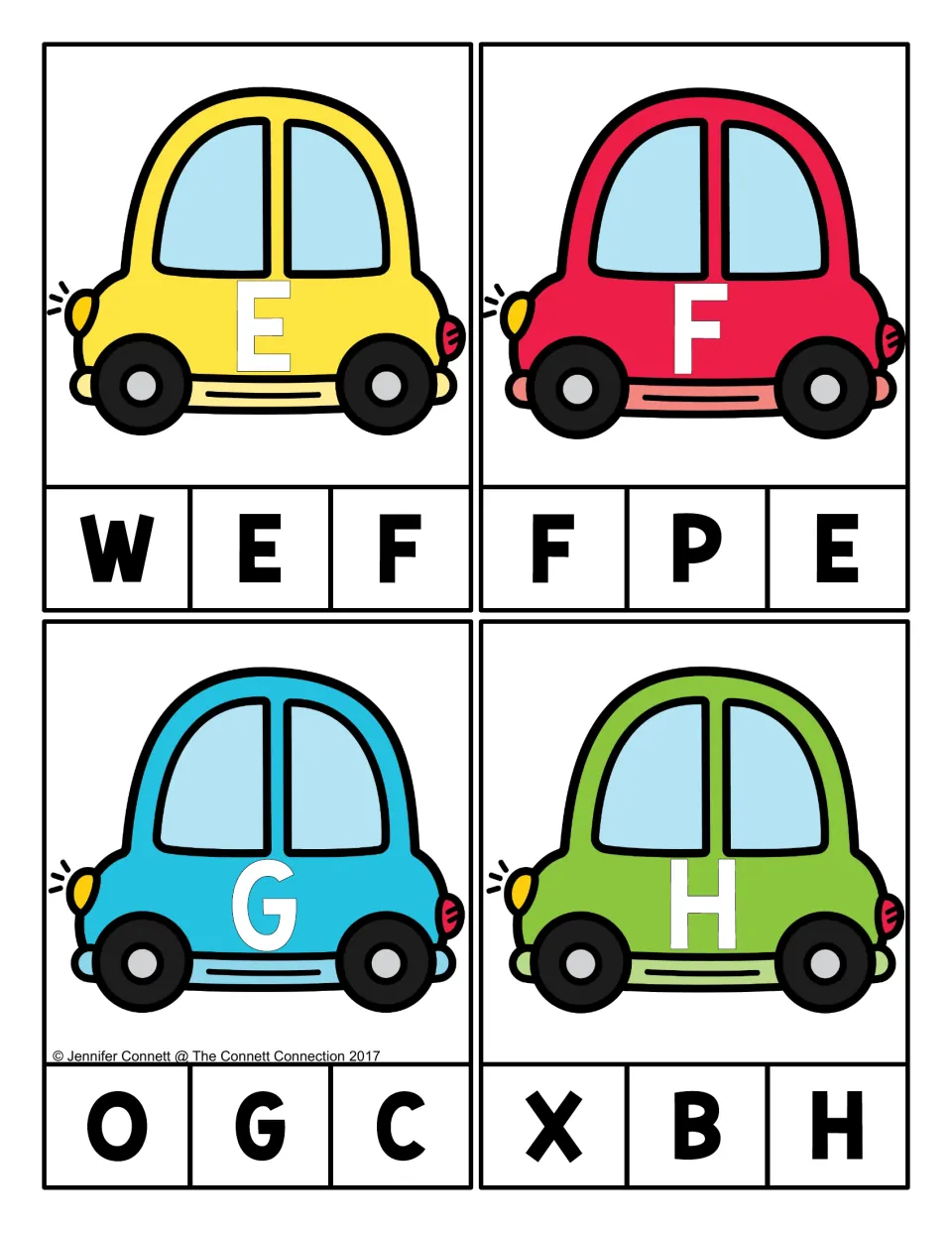 Alphabet clip cards 5–8: cars labeled E, F, G, and H, each with three uppercase letter choices to match.
