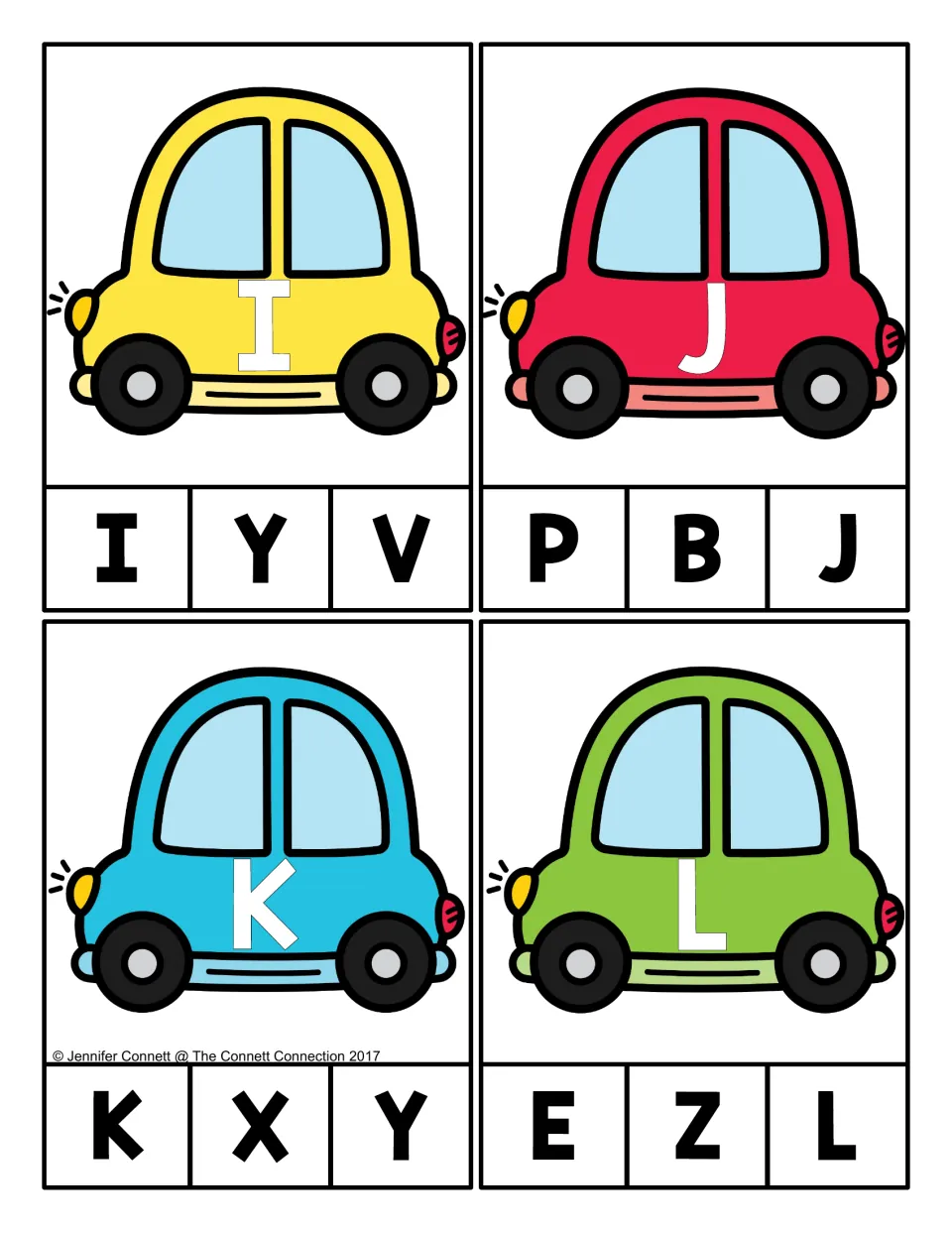Alphabet clip cards 9–12: cars labeled I, J, K, and L, each with three uppercase letter choices to match.