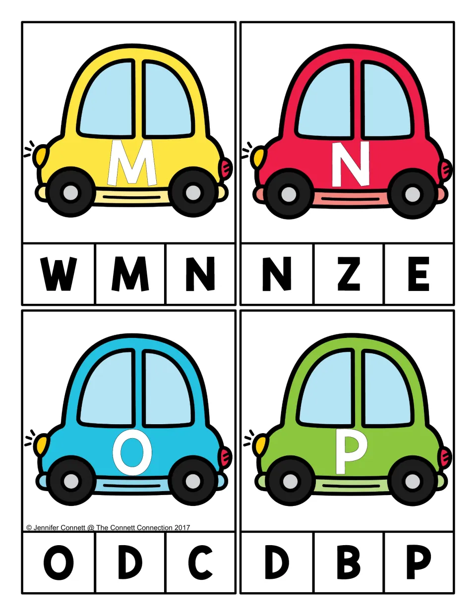 Alphabet clip cards 13–16: cars labeled M, N, O, and P, each with three uppercase letter choices to match.