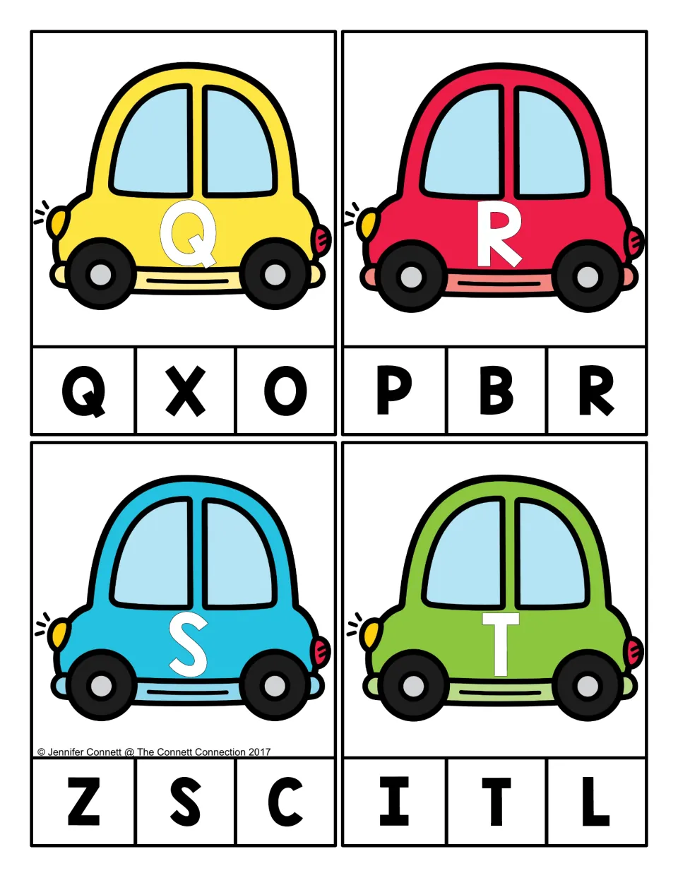 Alphabet clip cards 17–20: cars labeled Q, R, S, and T, each with three uppercase letter choices to match.