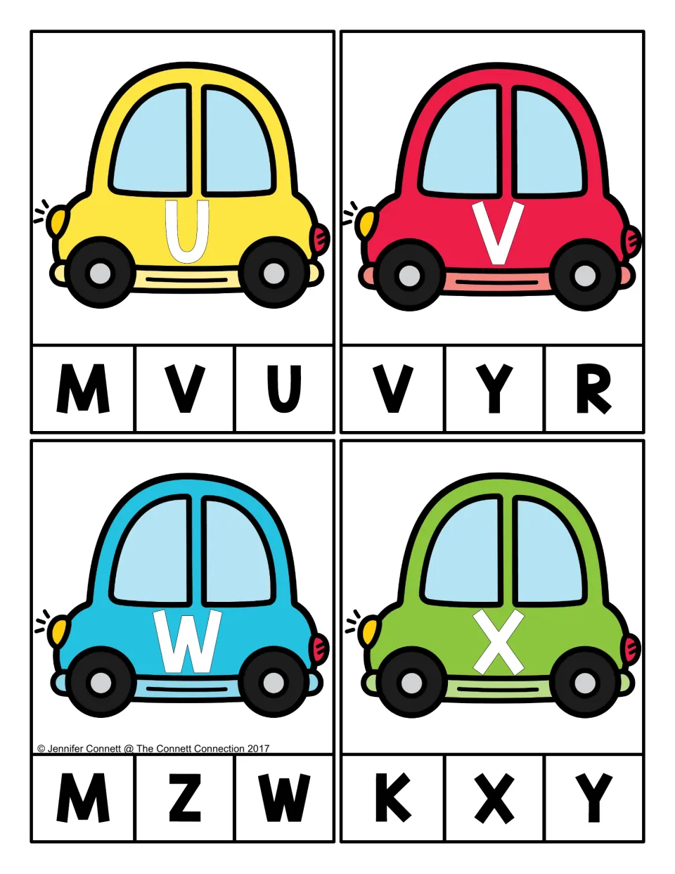 Alphabet clip cards 21–24: cars labeled U, V, W, and X, each with three uppercase letter choices to match.