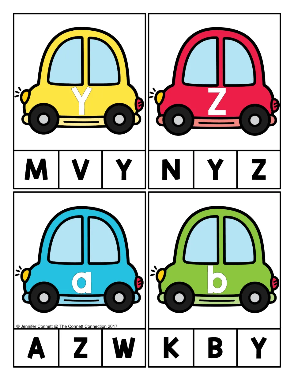 Alphabet clip cards 25–28: cars labeled Y, Z, a, and b, each with three uppercase letter choices to match.
