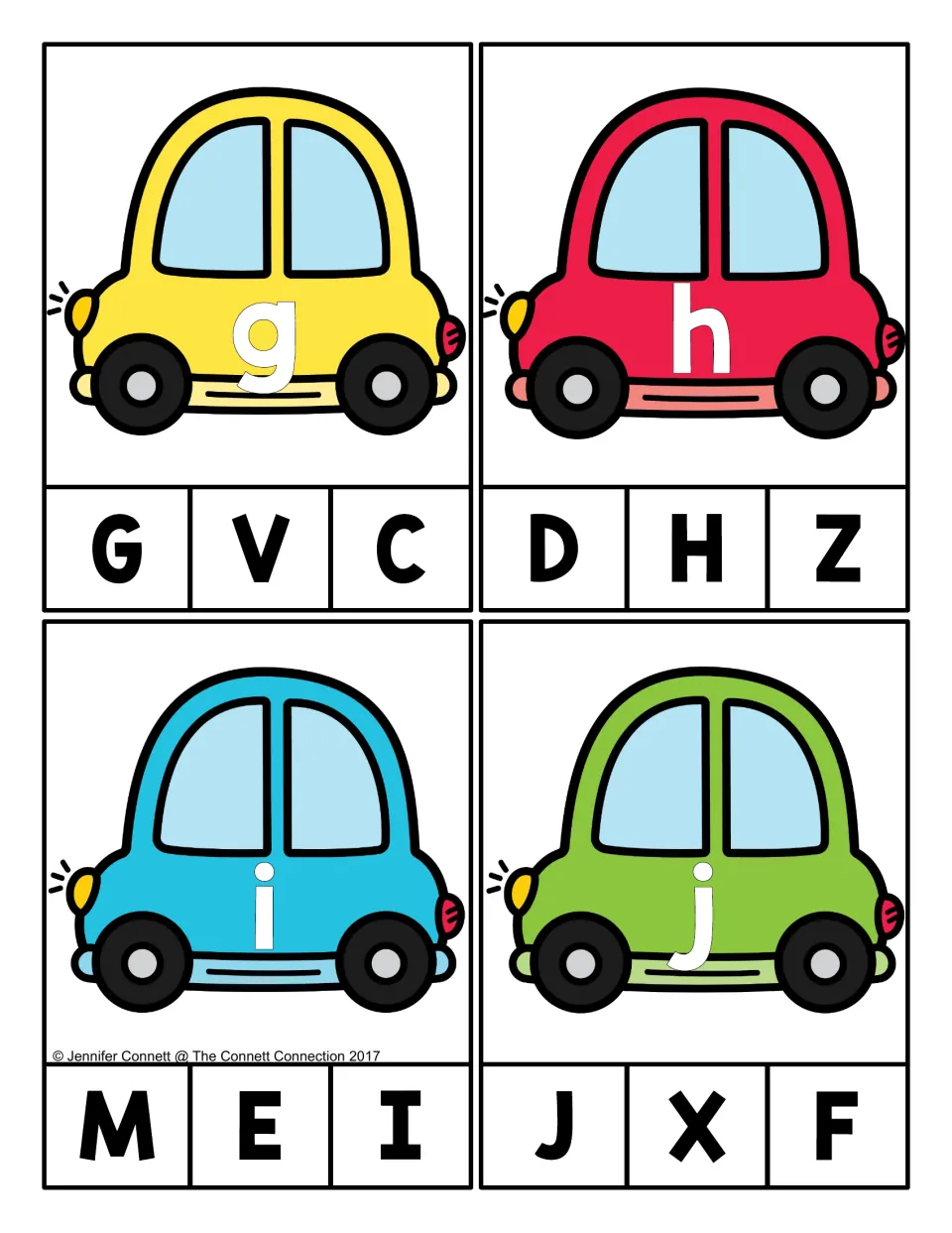 Alphabet clip cards 33–36: cars labeled g, h, i, and j, each with three uppercase letter choices to match.