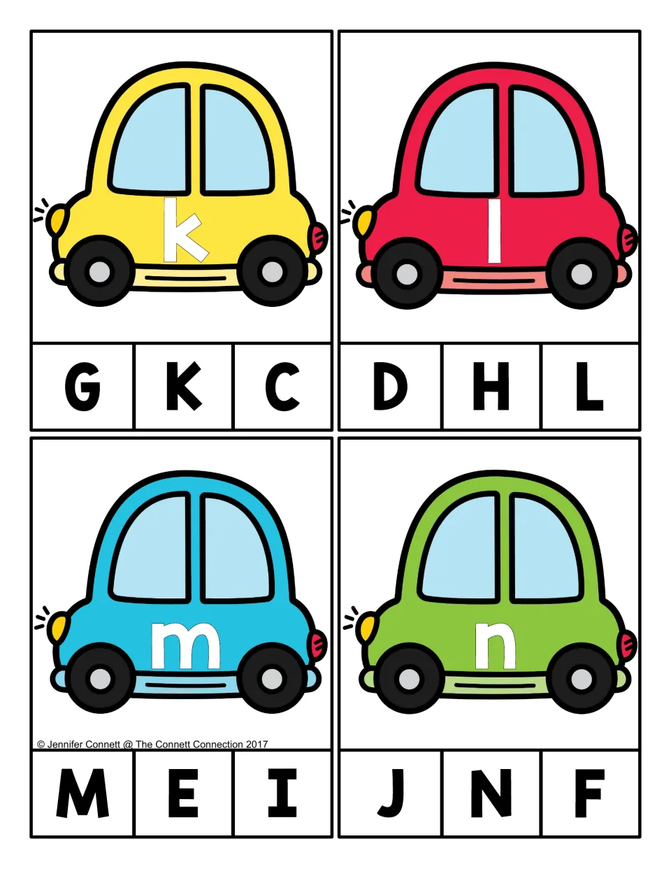 Alphabet clip cards 37–40: cars labeled k, l, m, and n, each with three uppercase letter choices to match.