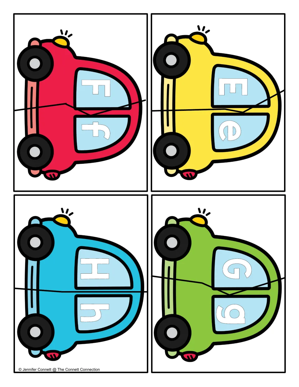 Uppercase and lowercase match for E, F, G and H: students cut apart four two-piece car puzzles and rejoin each pair
