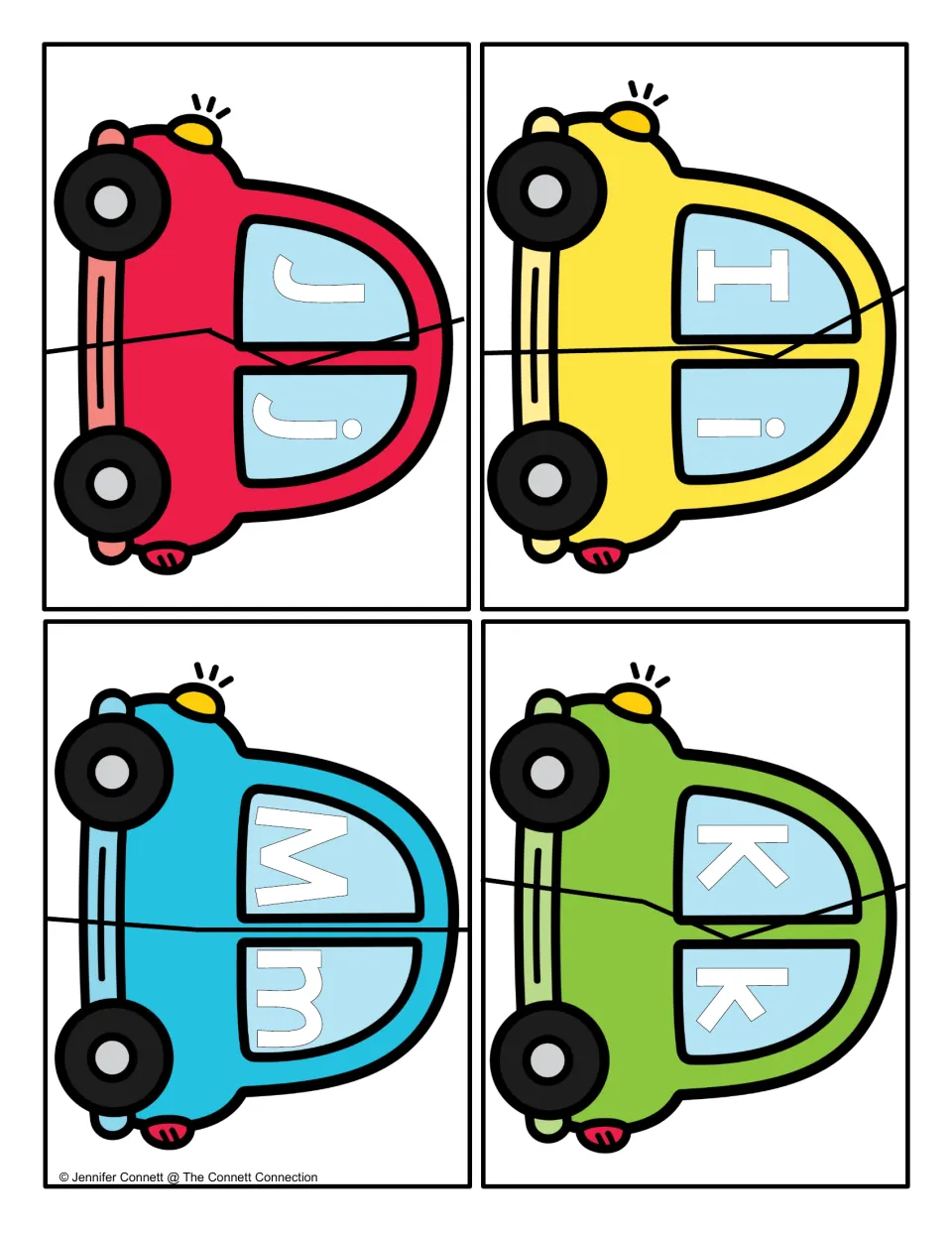 Car puzzles for letters I, J, K and M: children match each capital letter half to its lowercase half along the cut