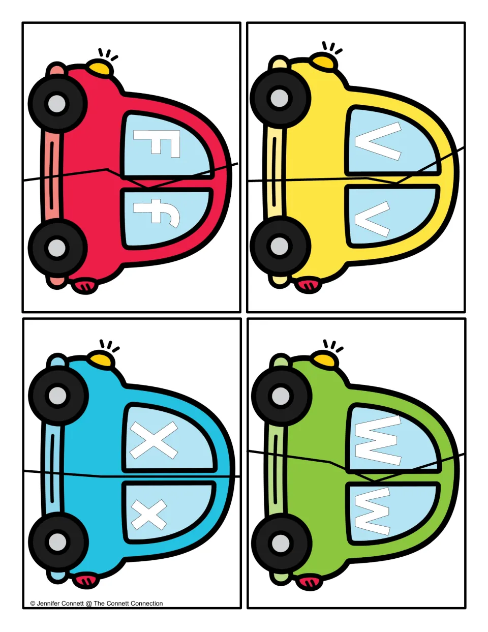 Letter pairs F, V, W and X on two-part car puzzles: students fit each capital top piece to its lowercase bottom piece