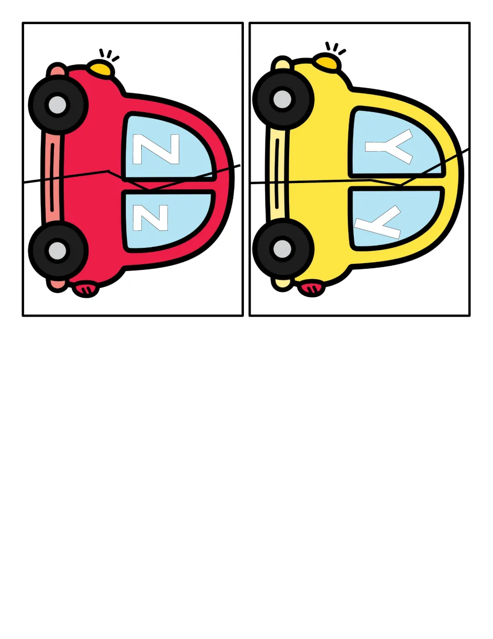 Final car puzzles for Y and Z: students rejoin two cars split along a zigzag cut, uppercase on top, lowercase below