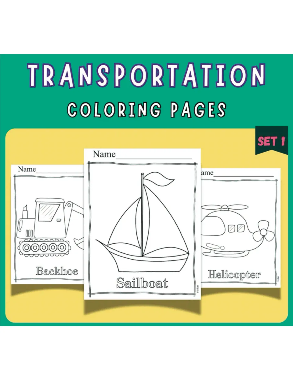 Cover: Transportation Coloring Pages Set 1, previewing named backhoe, sailboat and helicopter pages