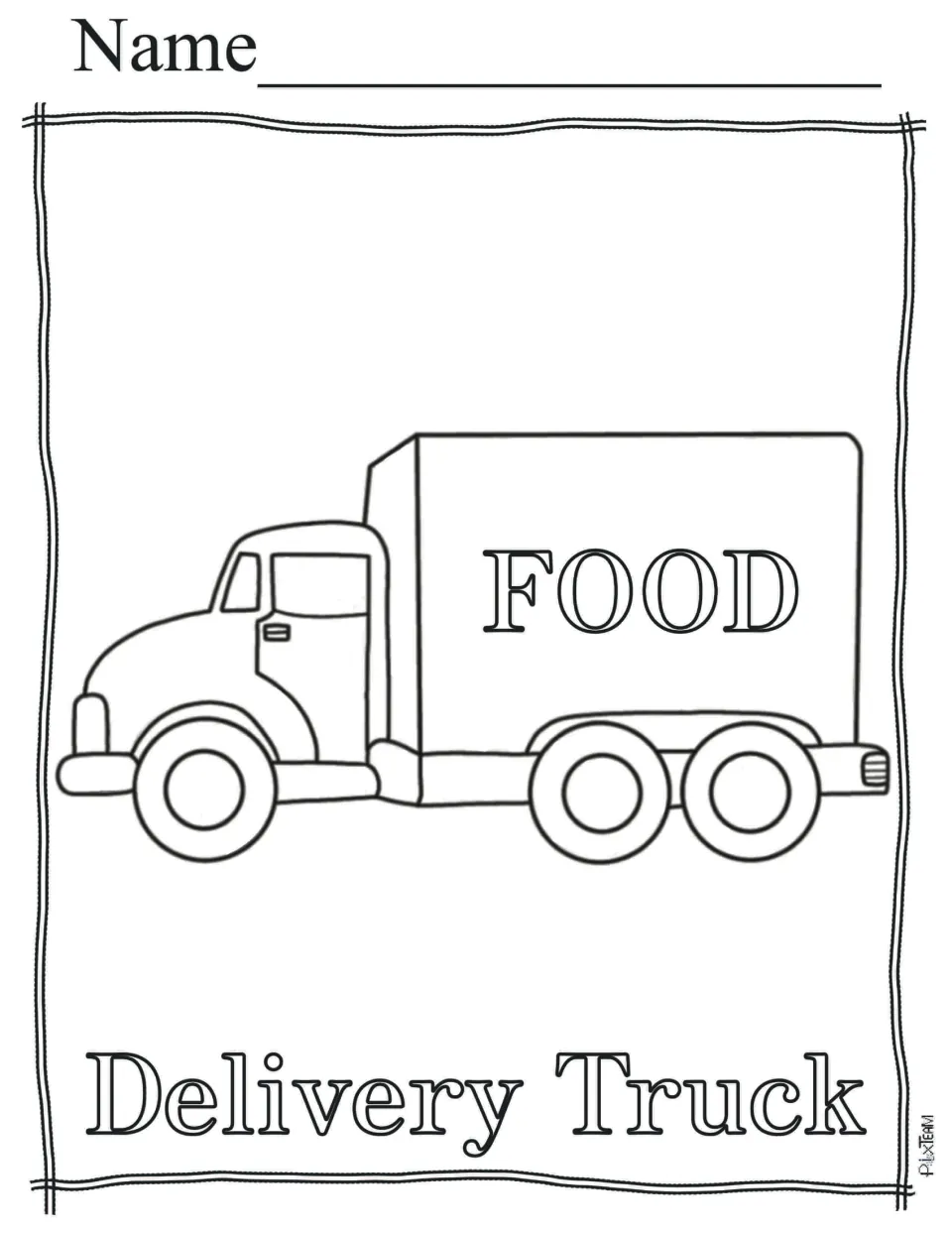 Delivery truck to color: a box truck with FOOD on its side, labeled Delivery Truck, with a name line