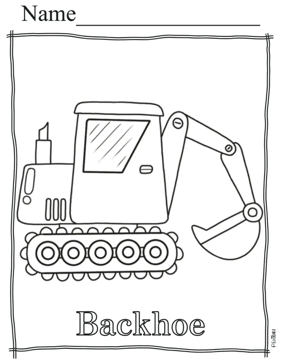 Backhoe to color: a tracked digger with a cab, exhaust pipe and scoop arm, labeled in hollow letters