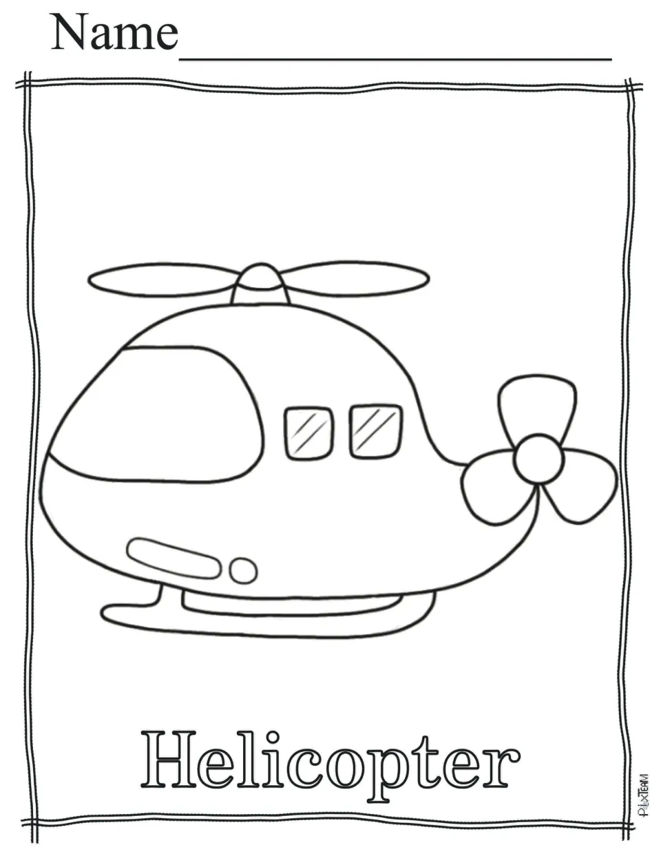 Helicopter outline with a top rotor, round tail propeller, side windows and skids, labeled below