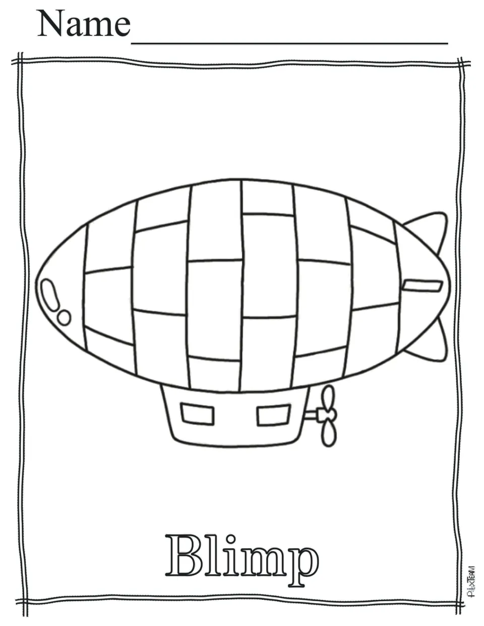 Blimp to color: a paneled airship with tail fins and a small two-window cabin with a propeller