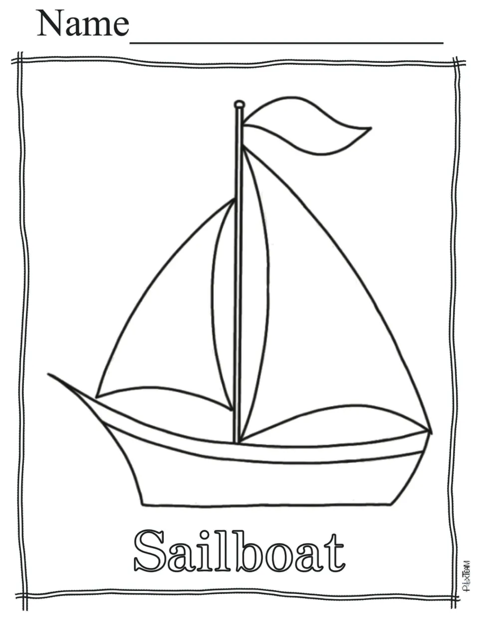 Sailboat drawing with two sails on a mast, a flag on top and a curved hull, labeled Sailboat