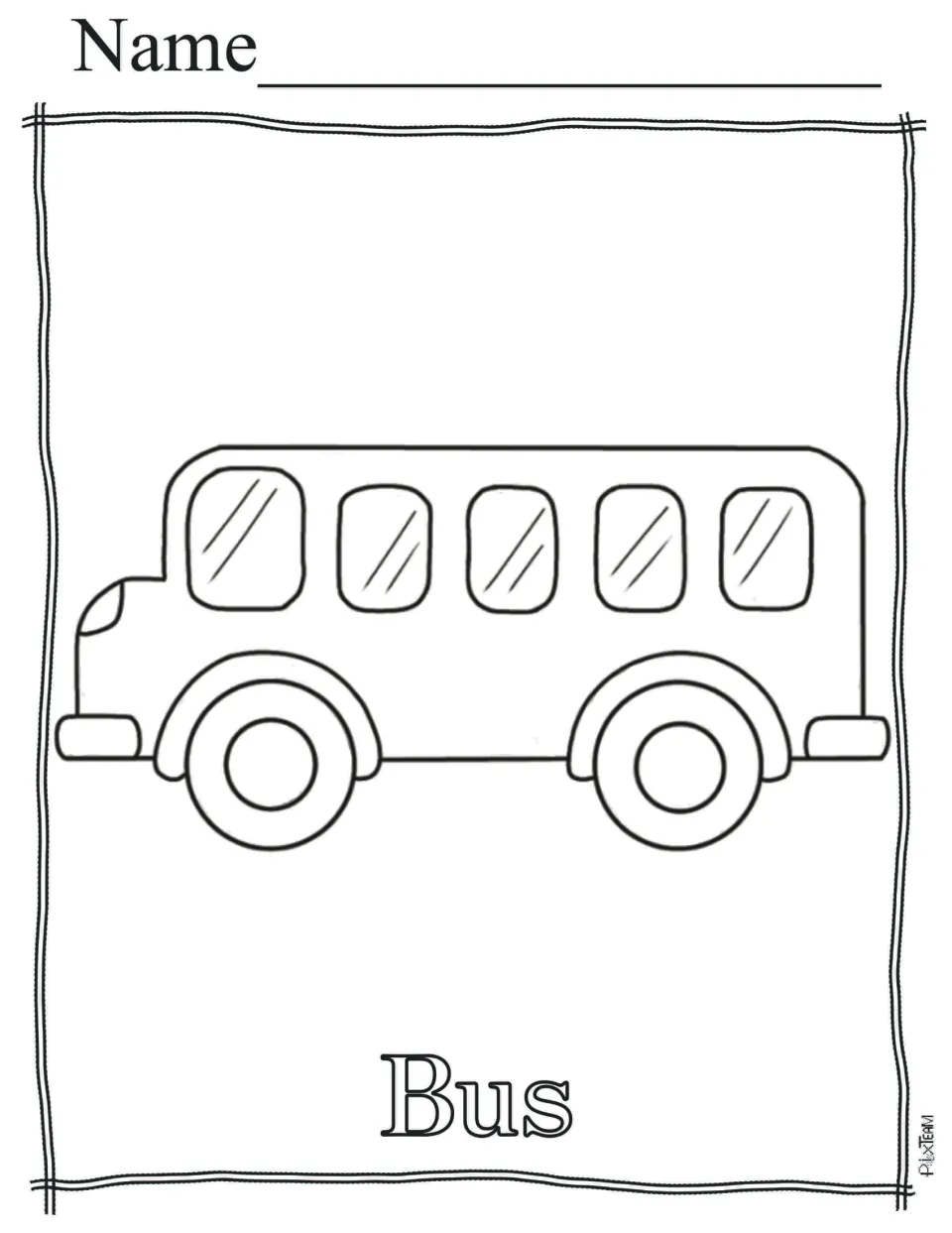 Bus to color: a side view of a bus with five windows and two wheels, the word Bus below