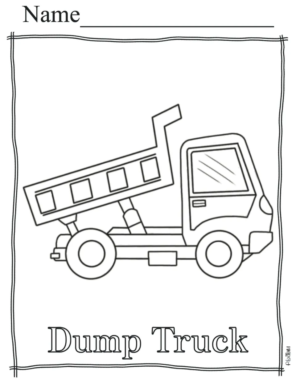 Dump truck outline with its bed tipped up on lifting arms and a cab, labeled Dump Truck