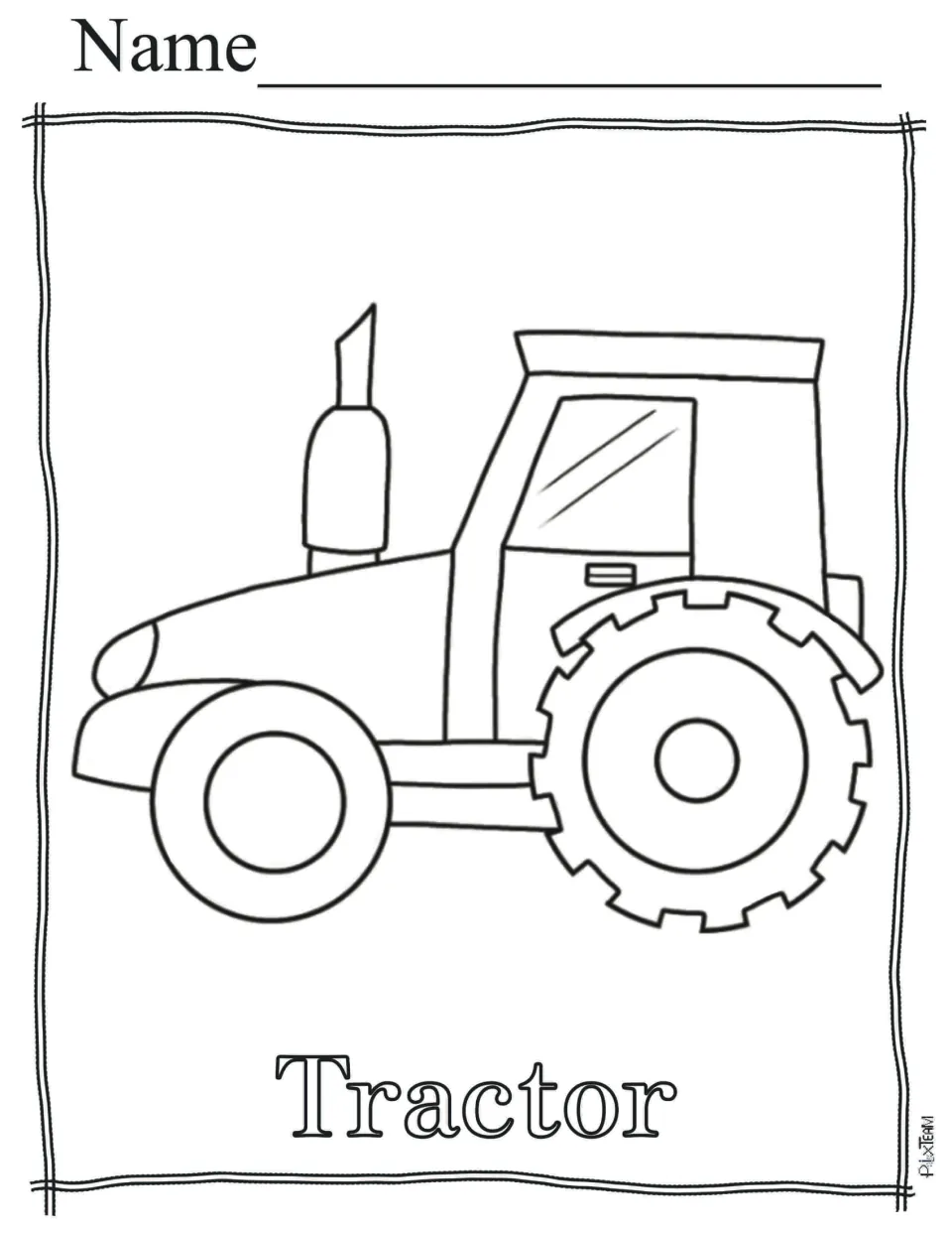 Tractor to color: a farm tractor with a cab, exhaust stack and a big treaded back wheel, labeled
