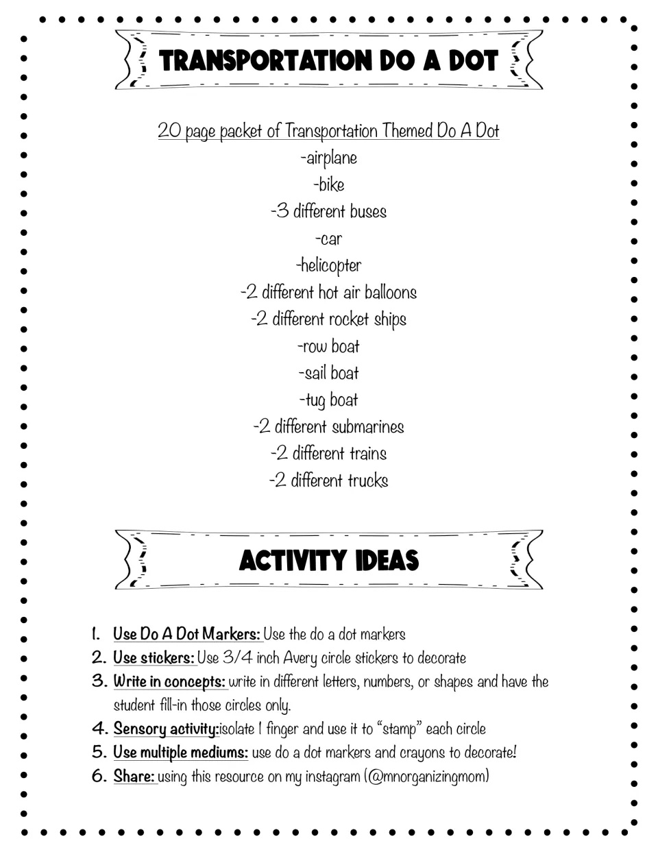 Transportation Do A Dot overview: lists the 20 vehicle pages and six activity ideas, from dot markers to finger stamping
