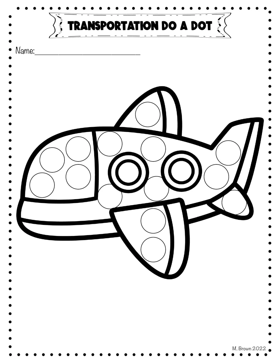 Airplane dot page: students press a dot marker or sticker into each empty circle on the plane's body, wings and tail