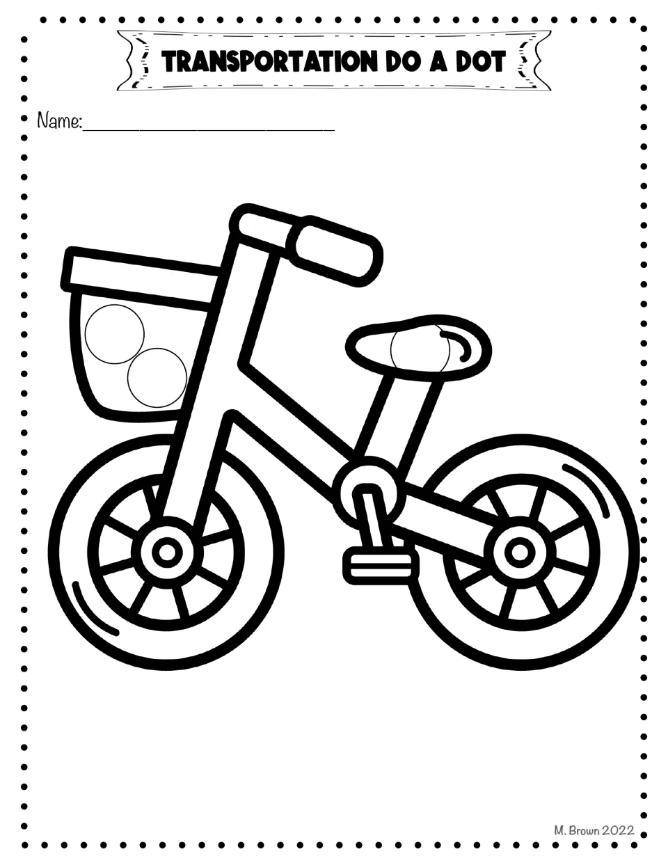 Bicycle dot page with only three circles, two in the front basket and one on the seat, for students to stamp or sticker
