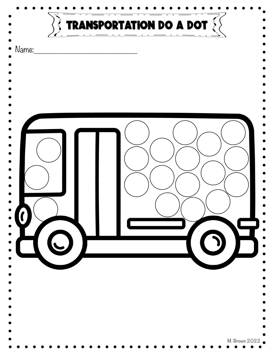 Bus dot page: students fill about twenty circles scattered across the bus side and front window, one dot per circle