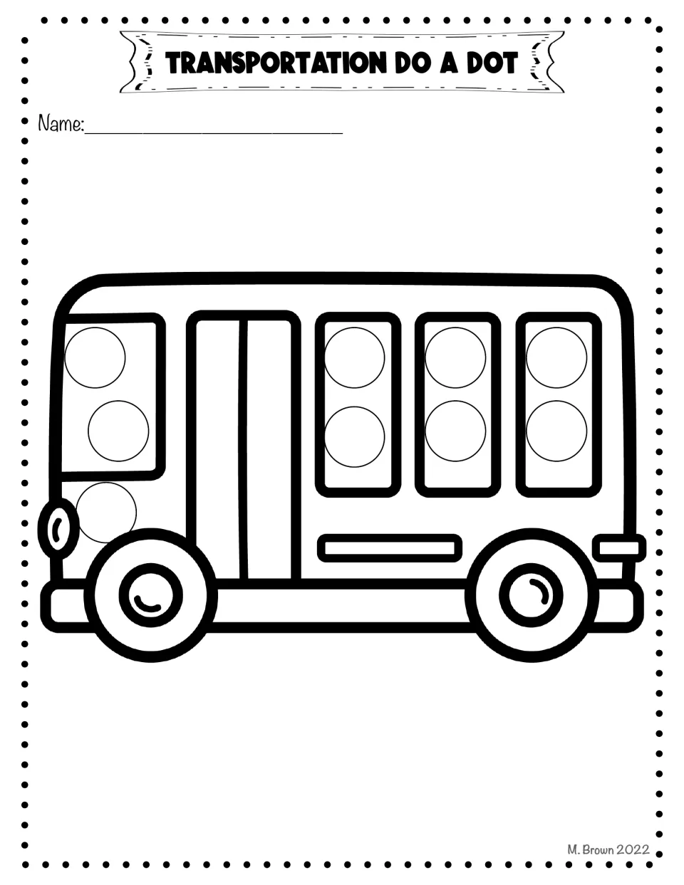 Second bus page: two circles sit in each side window and three by the front, so students dot window by window