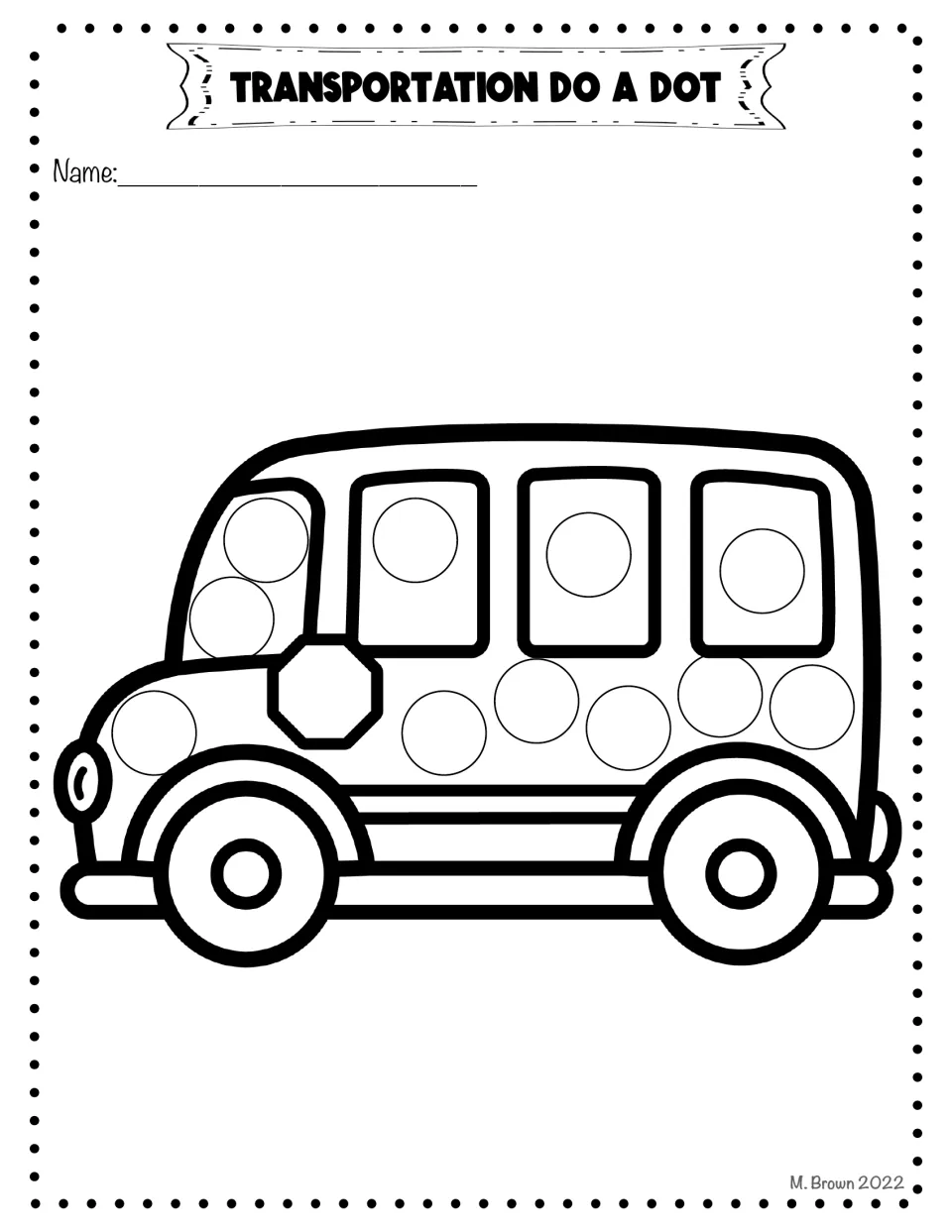School bus with a stop sign: students dot one circle in each side window and a row of circles along the lower side