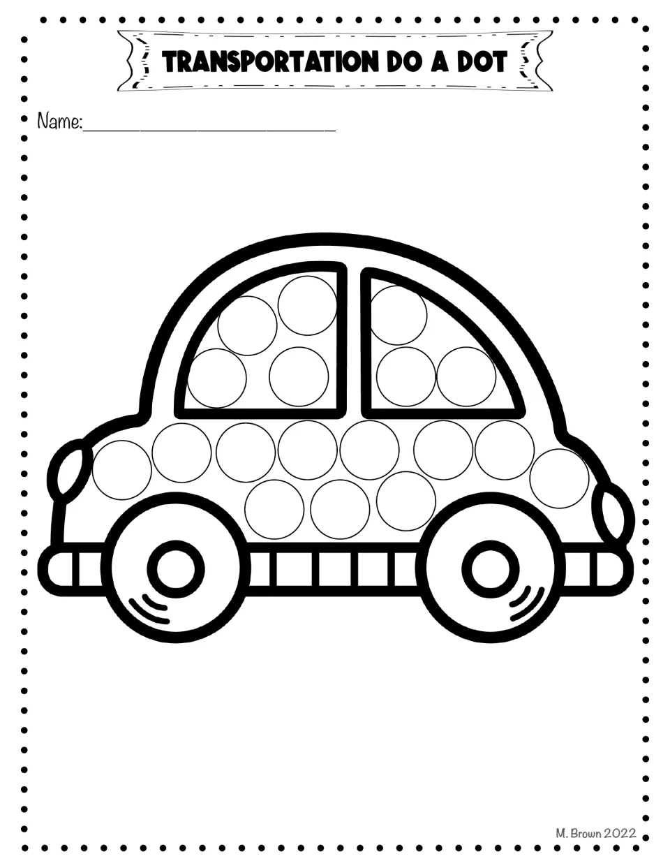 Car dot page: students fill circles in the two side windows and the rows along the car's body with markers or stickers