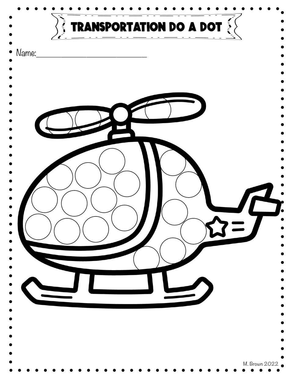 Helicopter dot page: circles on the rotor blades, the rounded cabin and the tail boom for students to stamp one at a time