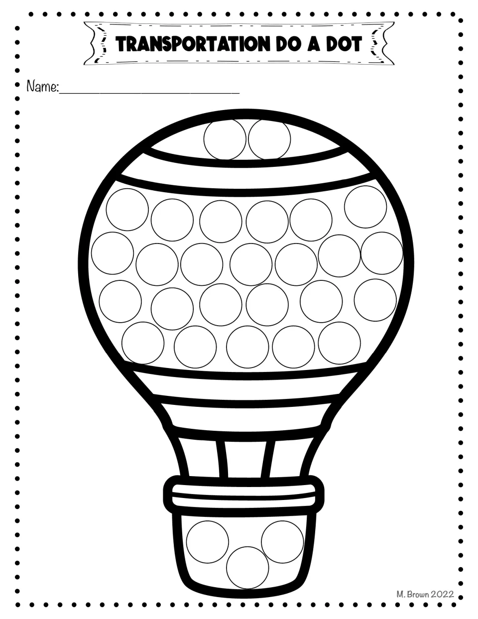 Hot air balloon dot page: rows of circles across the striped balloon plus three on the basket for students to dot