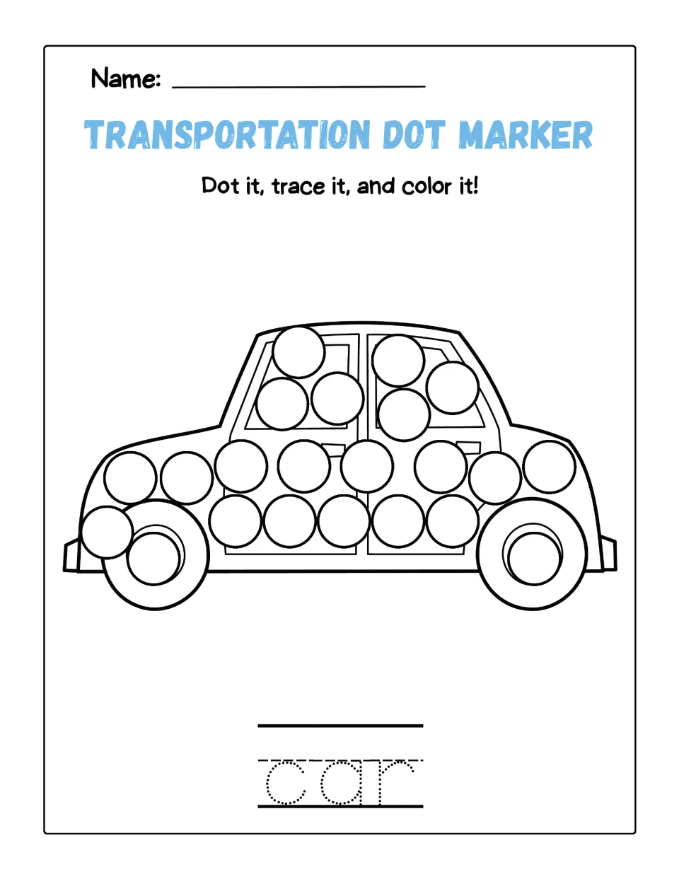 Sedan: children stamp the circles on a side-view car with two doors, trace the dotted letters c-a-r and then color it in