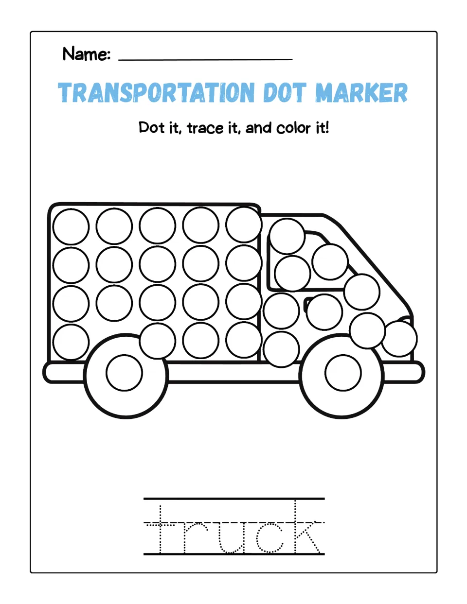 Truck page: children fill rows of circles on a box truck's cargo area and cab, trace the word truck and color it