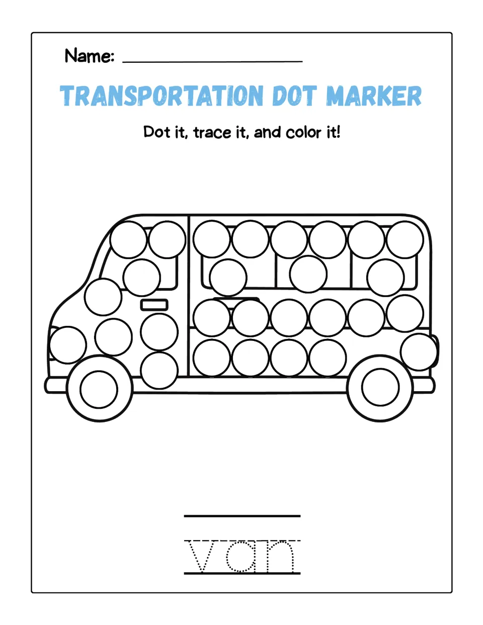 Van page: students dab the circles along a passenger van's windows and side, trace the dotted word van and color it